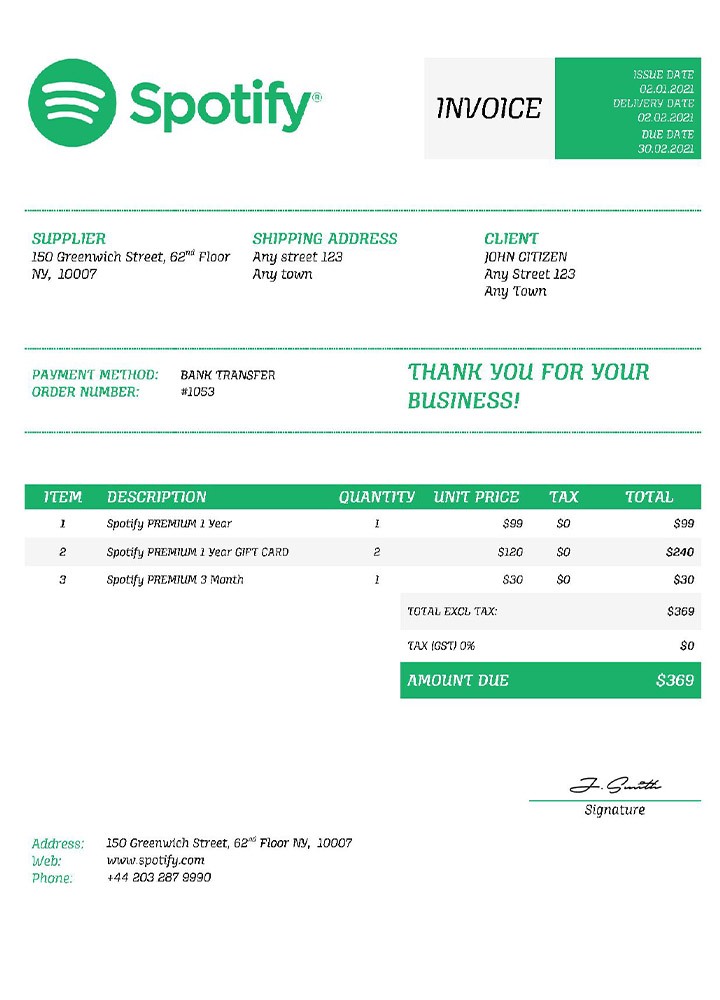 USA Spotify invoice PSD template